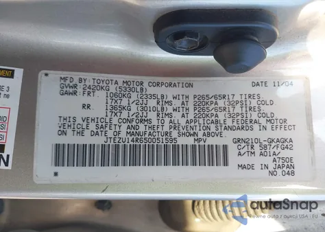 2005 Toyota 4Runner Sr5 V6 из США, поврежденный, VIN JTEZU14R650051595